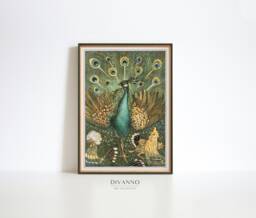 Antique Green Bird Wall Art, Vintage Peacock Illustration By Theo Van Hoytema, Art Nouveau Drawing, Peafowl Fine Garden Print Canvas - thumbnail 1