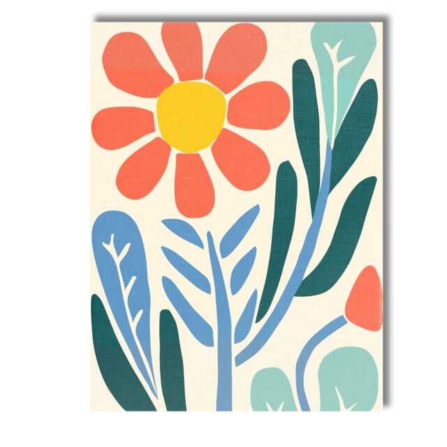 Contemporary Coral Flower Botanical Landscape With Blue Foliage Canvas Wall Art Print Decor Picture Ready To Hang - image 1