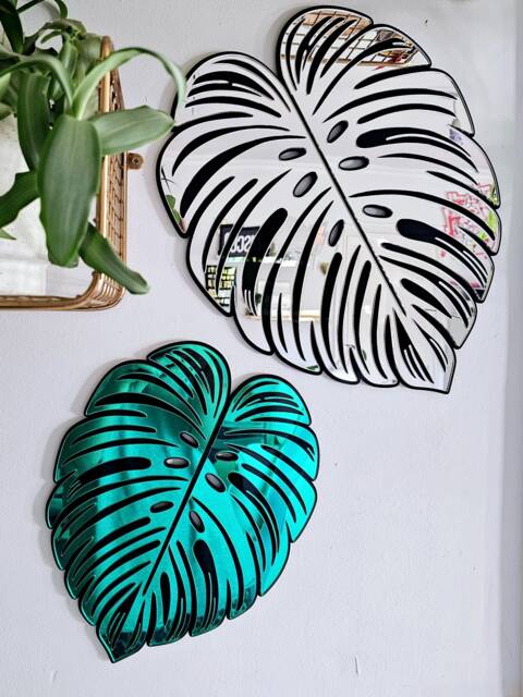 Monstera Leaf Mirror Wall Art - Boho Plant Jungle Decor Dopamine - image 1