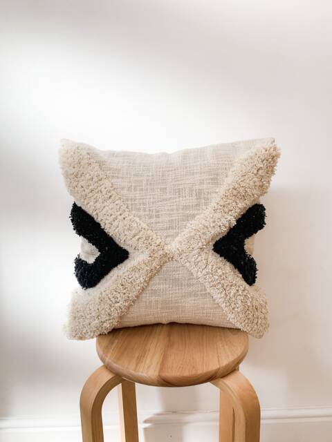 Tufted Cotton Cushion Cover Beige Navy Boho Pillow 45x45cm - image 1