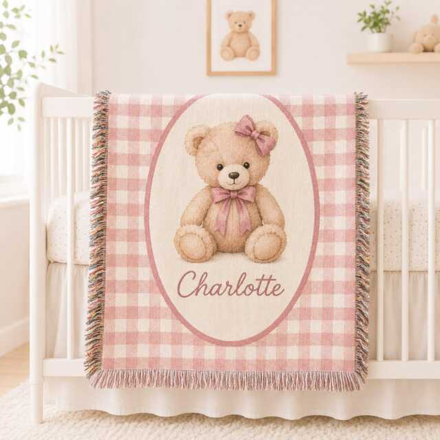 Custom Teddy Bear Woven Blanket, Personalized Name Baby Nursery Decor, Blanket - image 1