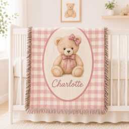 Custom Teddy Bear Woven Blanket, Personalized Name Baby Nursery Decor, Blanket - thumbnail 1