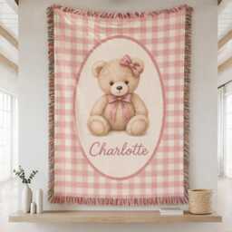 Custom Teddy Bear Woven Blanket, Personalized Name Baby Nursery Decor, Blanket - thumbnail 2