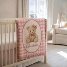 Custom Teddy Bear Woven Blanket, Personalized Name Baby Nursery Decor, Blanket - thumbnail 3
