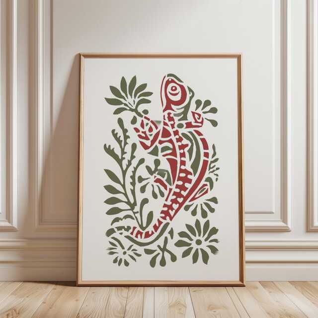Red Green Gecko Poster - Folk Style Lizard Illustration Botanical Animal Wall Art - image 1