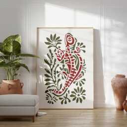 Red Green Gecko Poster - Folk Style Lizard Illustration Botanical Animal Wall Art - thumbnail 3