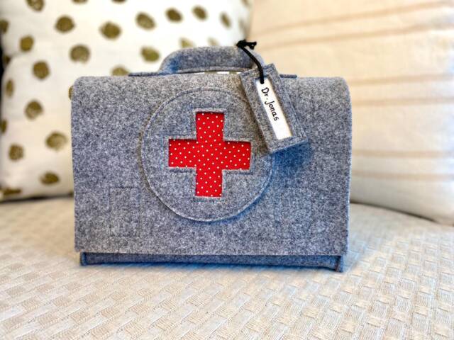 Children's Doctor's Kit, Bag, Medical Travel Pharmacy, First Aid Optional Name Tag, Plaster Cast & Bandages, Light Grey Wool Felt - image 1