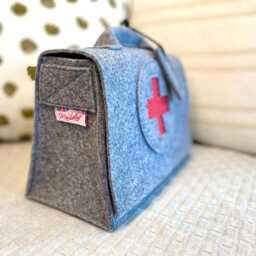 Children's Doctor's Kit, Bag, Medical Travel Pharmacy, First Aid Optional Name Tag, Plaster Cast & Bandages, Light Grey Wool Felt - thumbnail 2
