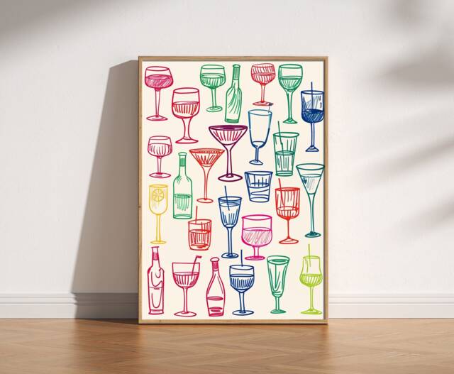 Retro Wine Glasses Trendy Print, Illustration, Bar Cart Art, Aesthetic Hand Drawn Doodle, Dining Room Kitchen Maximalist Decor - image 1