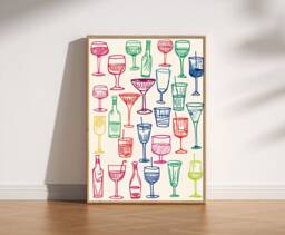 Retro Wine Glasses Trendy Print, Illustration, Bar Cart Art, Aesthetic Hand Drawn Doodle, Dining Room Kitchen Maximalist Decor - thumbnail 1