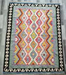 Kilim Rug Multicolour, Handmade Artisan Afghan Turkish, Scandinavian, Navajo, Bohemian Flatweave, Natural Wool 199x155 cm - thumbnail 1