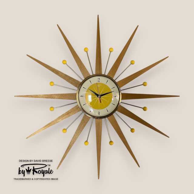 Handmade Mid Century Starburst Clock Blonde Teak & Bumble Bee Yellow - image 1