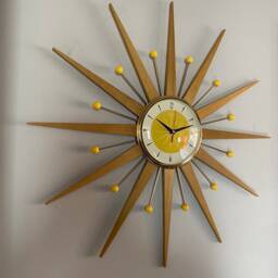 Handmade Mid Century Starburst Clock Blonde Teak & Bumble Bee Yellow - thumbnail 3
