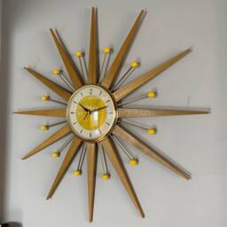 Handmade Mid Century Starburst Clock Blonde Teak & Bumble Bee Yellow - thumbnail 2