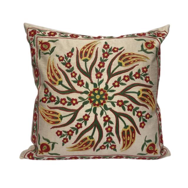 "Gold Silk Suzani, Embroidered Uzbek Handmade Pillow Case, Traditional Design 48cm X - 19"" 19" - image 1
