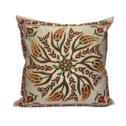 "Gold Silk Suzani, Embroidered Uzbek Handmade Pillow Case, Traditional Design 48cm X - 19"" 19" - thumbnail 1