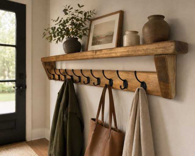 Wooden Coat Rack Shelf With 10 Black Hooks - Hallway Organizer Handmade UK - image 1