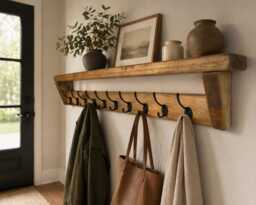 Wooden Coat Rack Shelf With 10 Black Hooks - Hallway Organizer Handmade UK