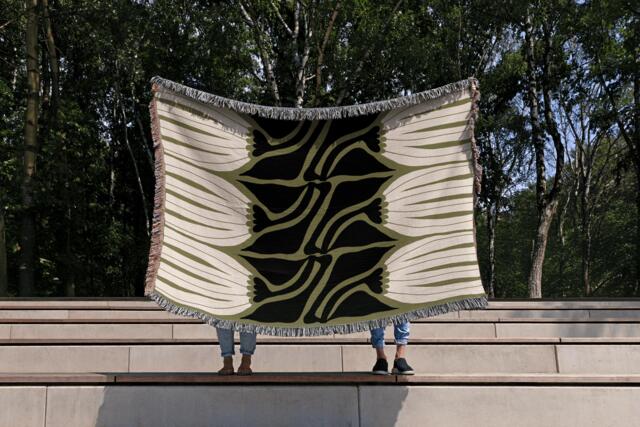 Abstract Floral Woven Cotton Blanket - Olive Green, Black & White - image 1
