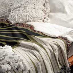 Abstract Floral Woven Cotton Blanket - Olive Green, Black & White - thumbnail 3
