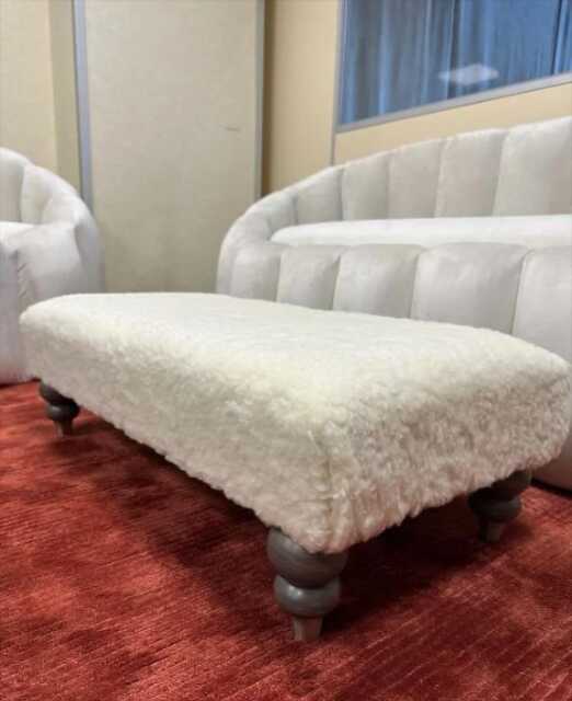 Creamy Fur Footstool Bench - Memory Foam Ottoman, Wood Legs - image 1