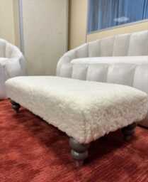 Creamy Fur Footstool Bench - Memory Foam Ottoman, Wood Legs - thumbnail 1