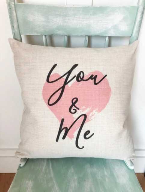 Linen Valentine's Day Pillow Cover You & Me Heart Decor - image 1