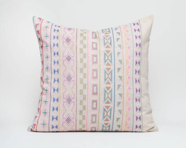 Hand Stitched Hemp Throw Pillow, Hill Tribe Embroidery 20x20 - image 1