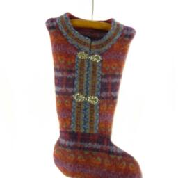 Christmas Stocking Felt Felted Icelandic Wool Ooak Wine Blue Orange Green Fair Isle Metal Frog Closures Carroll Reed Recycled 759 - thumbnail 2