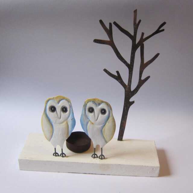 Pair Of Barn Owls On Wood Votive T Light Candle Holder Owl - image 1
