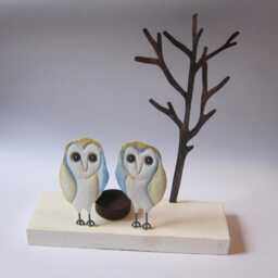 Pair Of Barn Owls On Wood Votive T Light Candle Holder Owl - thumbnail 1