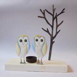 Pair Of Barn Owls On Wood Votive T Light Candle Holder Owl - thumbnail 2