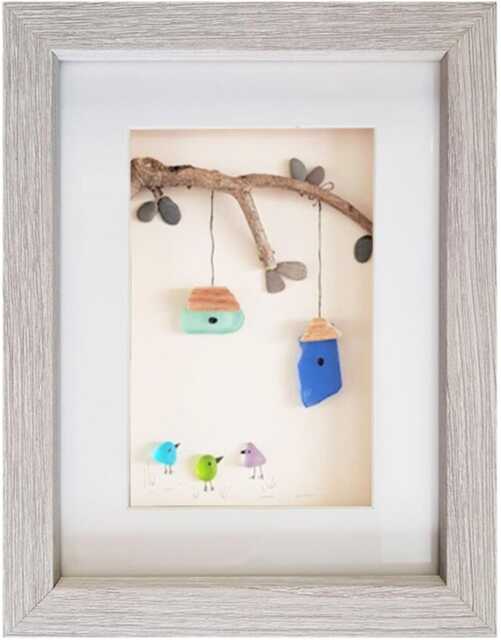 Birdhouses - Pebble Art & Sea Glass Picture Framed Handmade Wall Decor - image 1