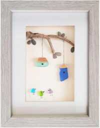 Birdhouses - Pebble Art & Sea Glass Picture Framed Handmade Wall Decor - thumbnail 1