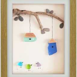 Birdhouses - Pebble Art & Sea Glass Picture Framed Handmade Wall Decor - thumbnail 2