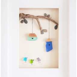Birdhouses - Pebble Art & Sea Glass Picture Framed Handmade Wall Decor - thumbnail 3