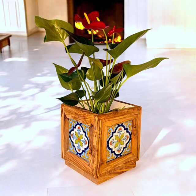 Handmade Olive Wood Planter With Ceramic Tiles Indoor/Outdoor Flower Box - image 1
