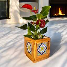 Handmade Olive Wood Planter With Ceramic Tiles Indoor/Outdoor Flower Box - thumbnail 2