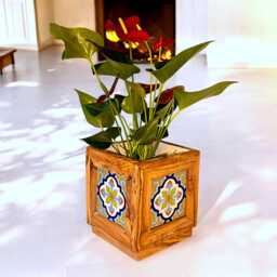 Handmade Olive Wood Planter With Ceramic Tiles Indoor/Outdoor Flower Box - thumbnail 1