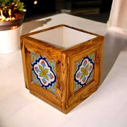 Handmade Olive Wood Planter With Ceramic Tiles Indoor/Outdoor Flower Box - thumbnail 3