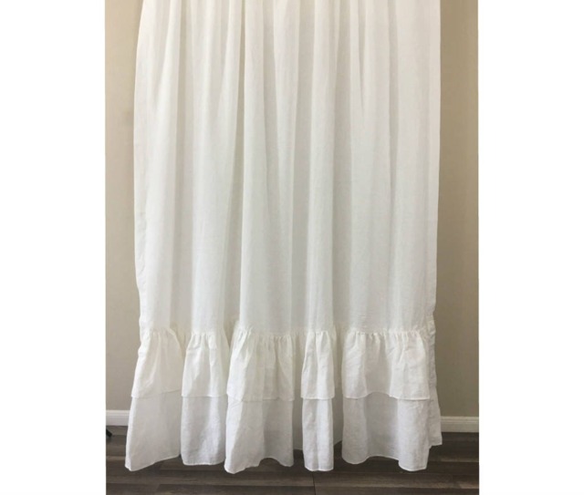 White Shower Curtain With 2 Tiered Mermaid Long Ruffles, 100% Linen Shower Curtain, 72x72, 72x85, 72x94 Or Custom Size - image 1