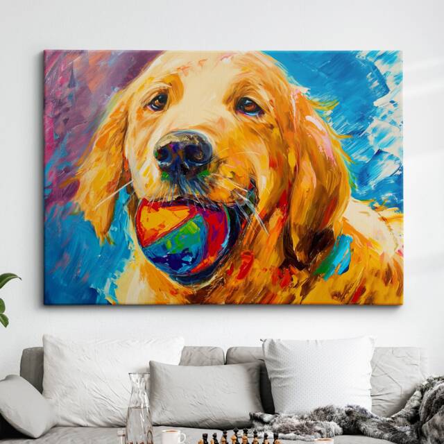 Golden Retriever With Chew Ball Dog Pet Art Oil Painting Framed Poster Print & Canvas Wall Living Home Decor Interior Gift - image 1
