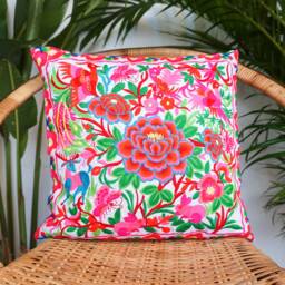 16x16 Rose Garden Hmong Embroidered Pillow Cover, Floral Boho Decor - Cs101Whig - thumbnail 1