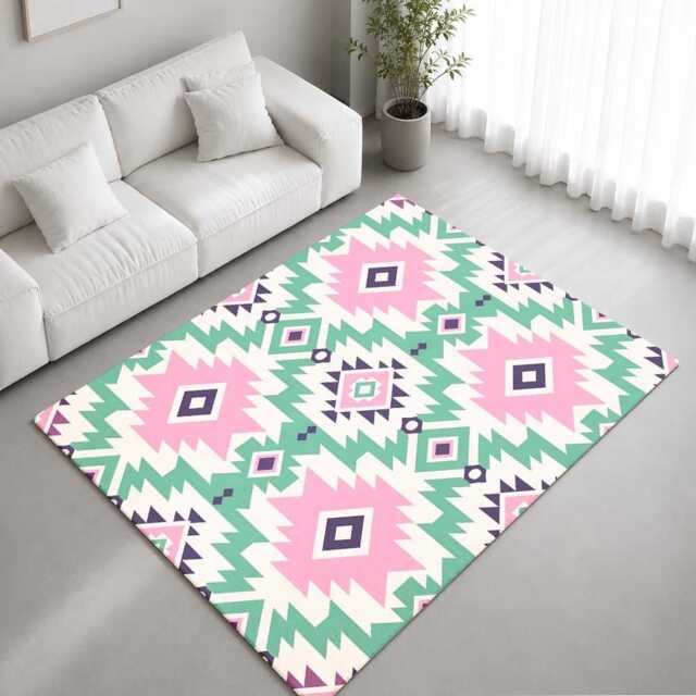Pink Mint Aztec Geometric Repeat Pattern Rug Non-Slip Soft Area Carpet Bedroom Living Room Hallway Mat Decor - Made in UK - image 1
