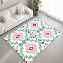 Pink Mint Aztec Geometric Repeat Pattern Rug Non-Slip Soft Area Carpet Bedroom Living Room Hallway Mat Decor - Made in UK