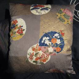 Pillowcase, Kimono Silk, Silk/Wool, For Pillow Dimensions 40 X cm, Cherry Blossoms, Gold, Floral Rondel, Japonaise Pur En Soie, Gold Print - thumbnail 3