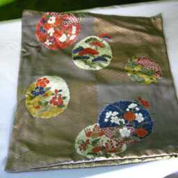 Pillowcase, Kimono Silk, Silk/Wool, For Pillow Dimensions 40 X cm, Cherry Blossoms, Gold, Floral Rondel, Japonaise Pur En Soie, Gold Print - thumbnail 4