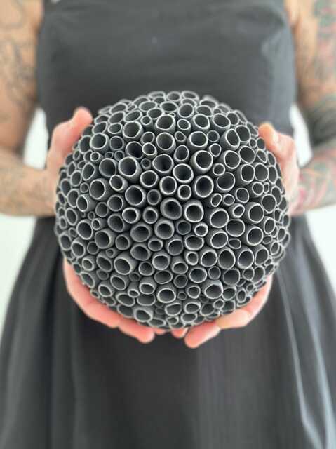 Black Vera Wall Sculpture - Porcelain Art, Ceramic Textured Tile, Round - image 1