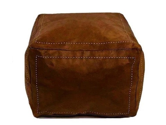Set Of 2 Authentic Square Leather Pouf, Handmade Leather Pouf - Ottomans Carre Poufs Brown Amazing Poofs, Puff, Handmade Stool - image 1