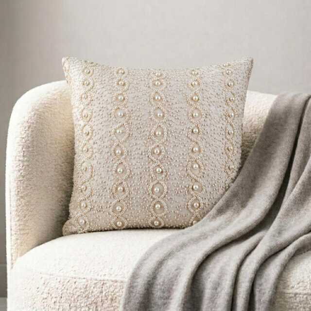 Sequin & Beaded Abstract Pattern, Pearl Ivory Art Silk, 24x24/26x26 Contemporary Euro Sham - Ivy - image 1